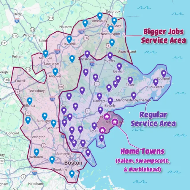 Map of The Junk Heroes junk removal service area on the Massachusetts North Shore. Salem, Swampscott and Marblehead are marked as home towns, the regular service area covers Lynn, Beverly, Danvers, Gloucester and the surrounding towns, and a wider area for bigger jobs reaches Boston, Lowell, Andover and Amesbury.